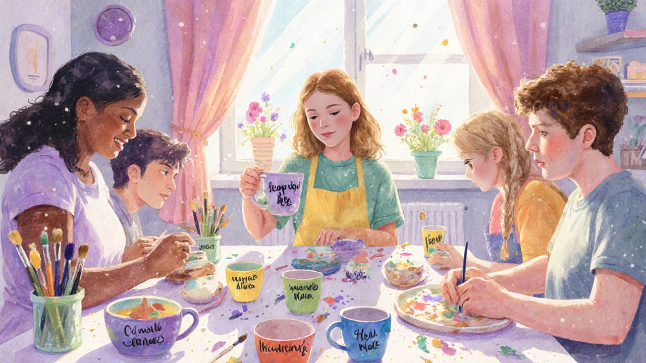 Friends painting pottery in a sunny kitchen, surrounded by colorful supplies and handmade mugs.