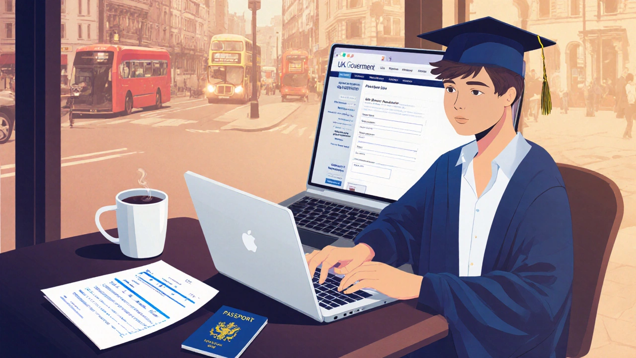 Graduate applying for a UK visa at a café with job offer and passport nearby.