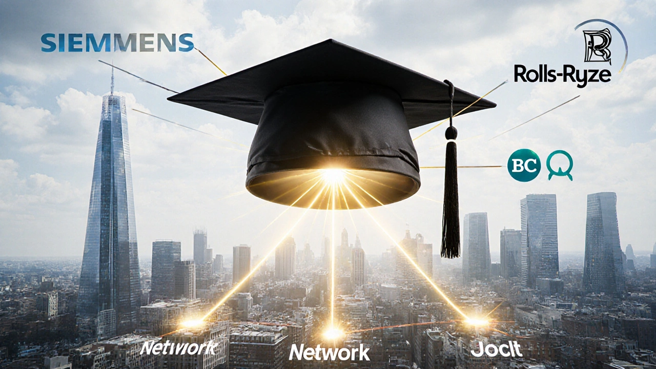 Graduation cap connected by glowing threads to major UK company buildings in a city skyline.