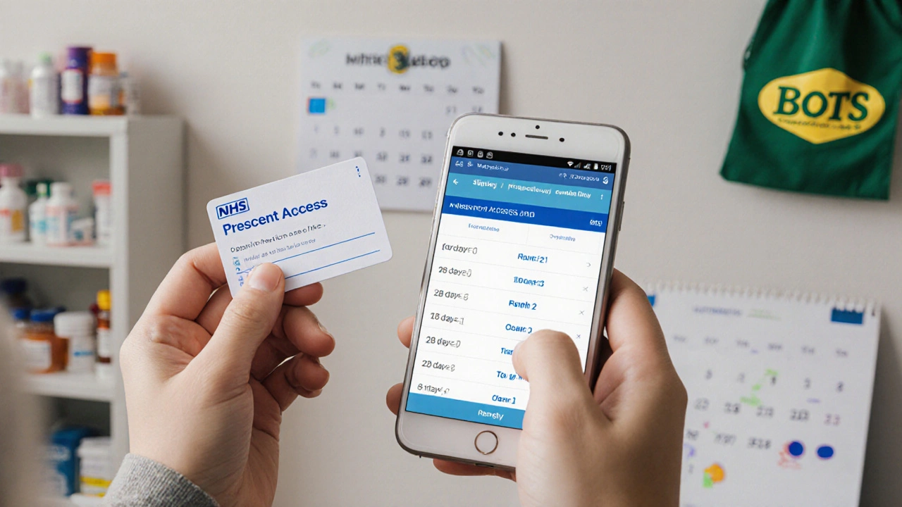 Hand holding NHS prescription card next to smartphone showing online prescription portal