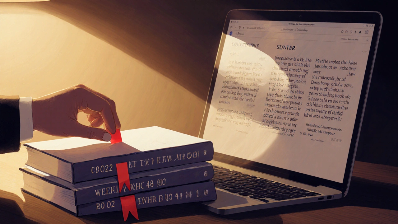 Hand placing a bookmark in a law report volume beside a laptop displaying a neutral court citation.