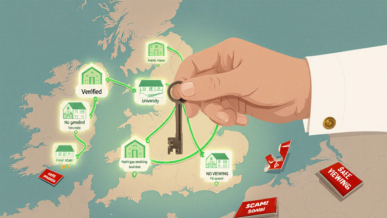 Hand placing a key on a UK map with glowing paths to verified student housing, scams discarded around it.