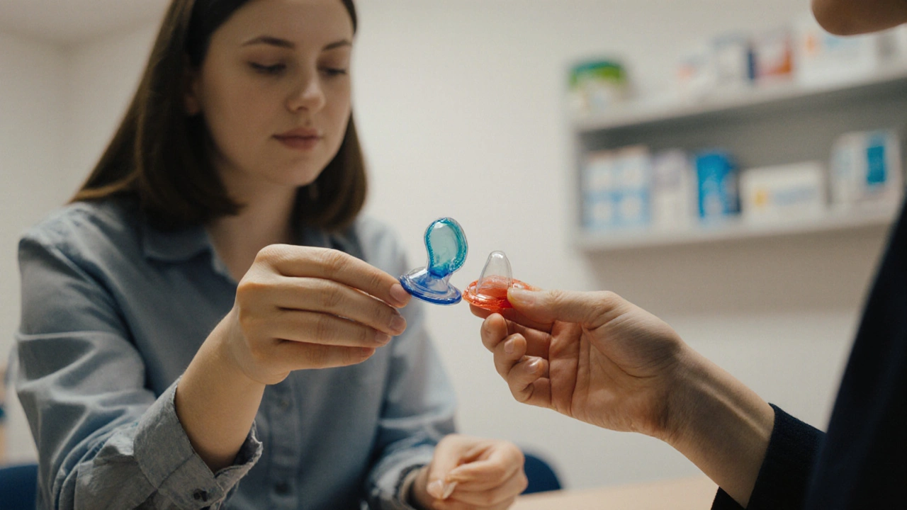Hand receiving condoms and dental dams from a calm NHS advisor in a clinic