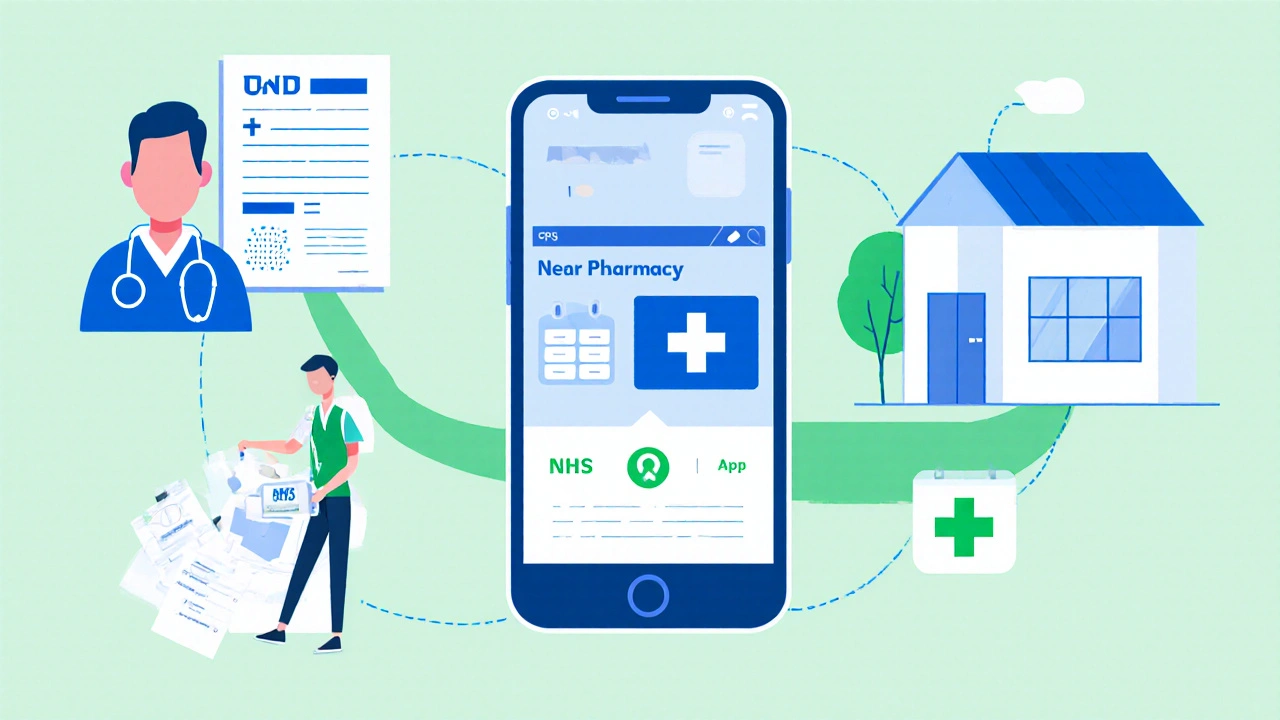 Illustrated journey of student registering with GP and collecting medication online