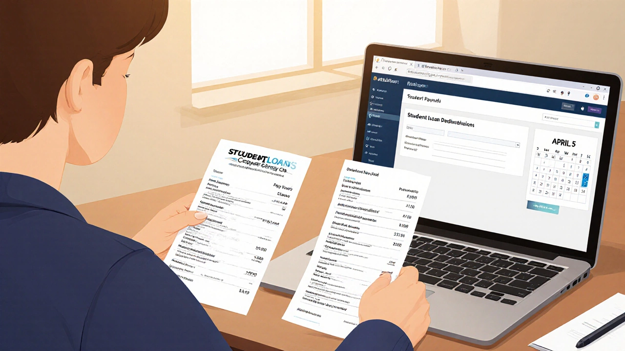 Person comparing a payslip with a laptop screen showing the Student Loans Company account.
