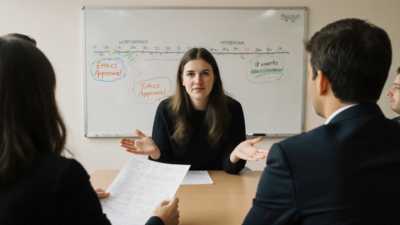 PhD candidate in interview with academic panel, proposal and timeline visible on whiteboard.