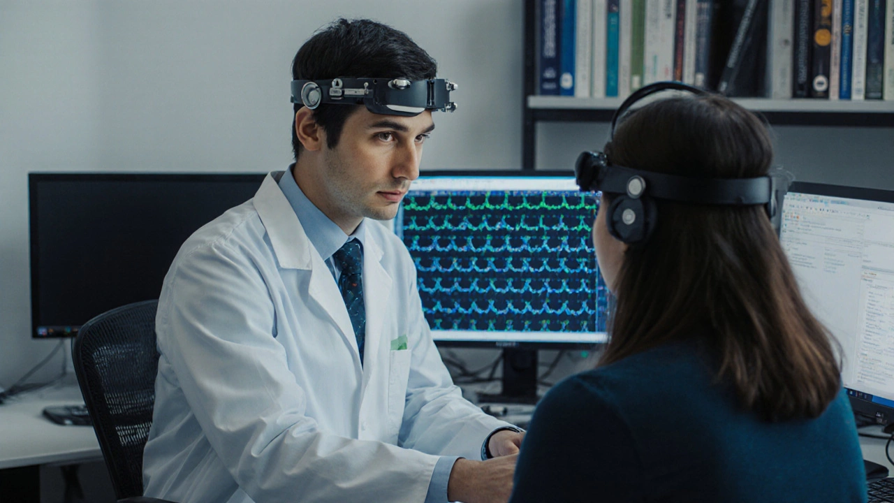 Psychology student in a lab using EEG equipment to monitor brain activity during a cognitive test.