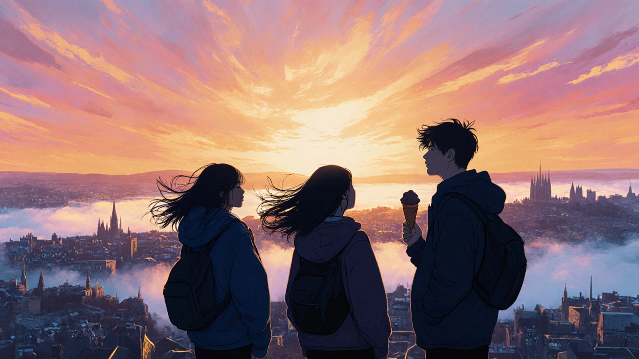 Silhouettes of students at sunrise on a hilltop overlooking a cityscape.