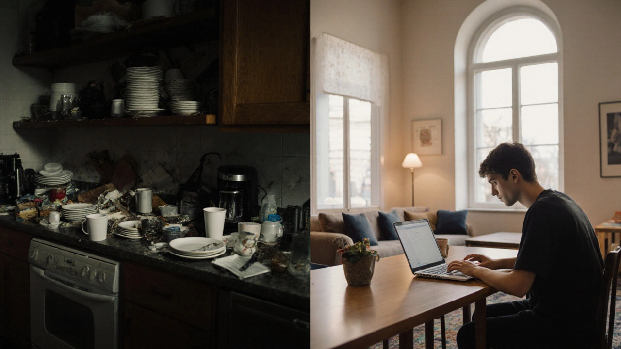 Split image comparing chaotic shared house kitchen with peaceful university study lounge.