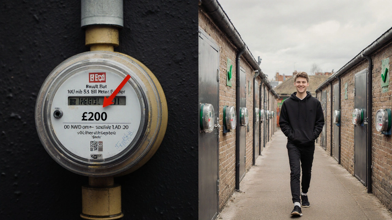 Split image: one water meter with high bill vs. four individual meters with low usage, student moving from left to right.