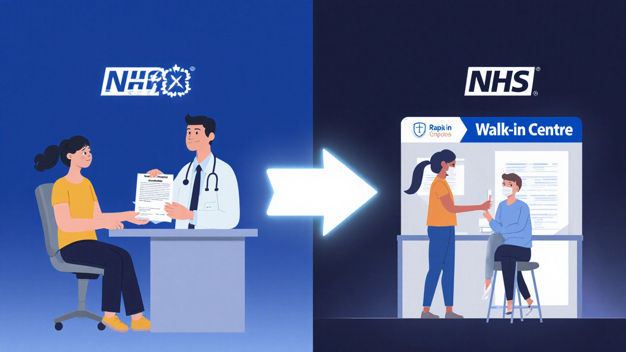Split image showing student receiving mental health care and urgent test at two healthcare settings.