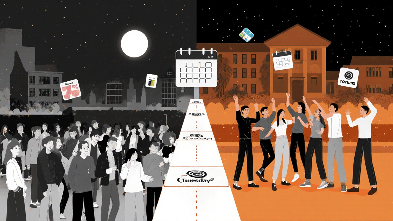 Split-screen: frustrated crowd at expensive club vs. joyful students at free campus dance night.