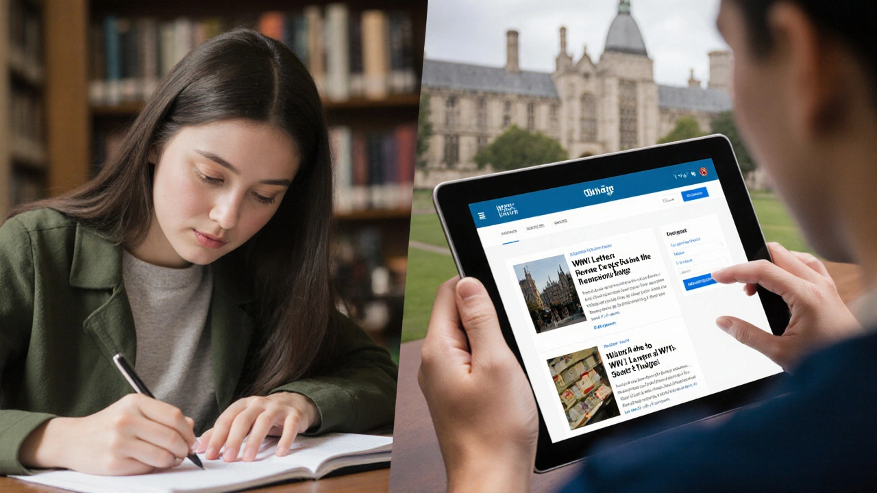 Split-screen of a student researching in the library and writing a blog about historical letters.