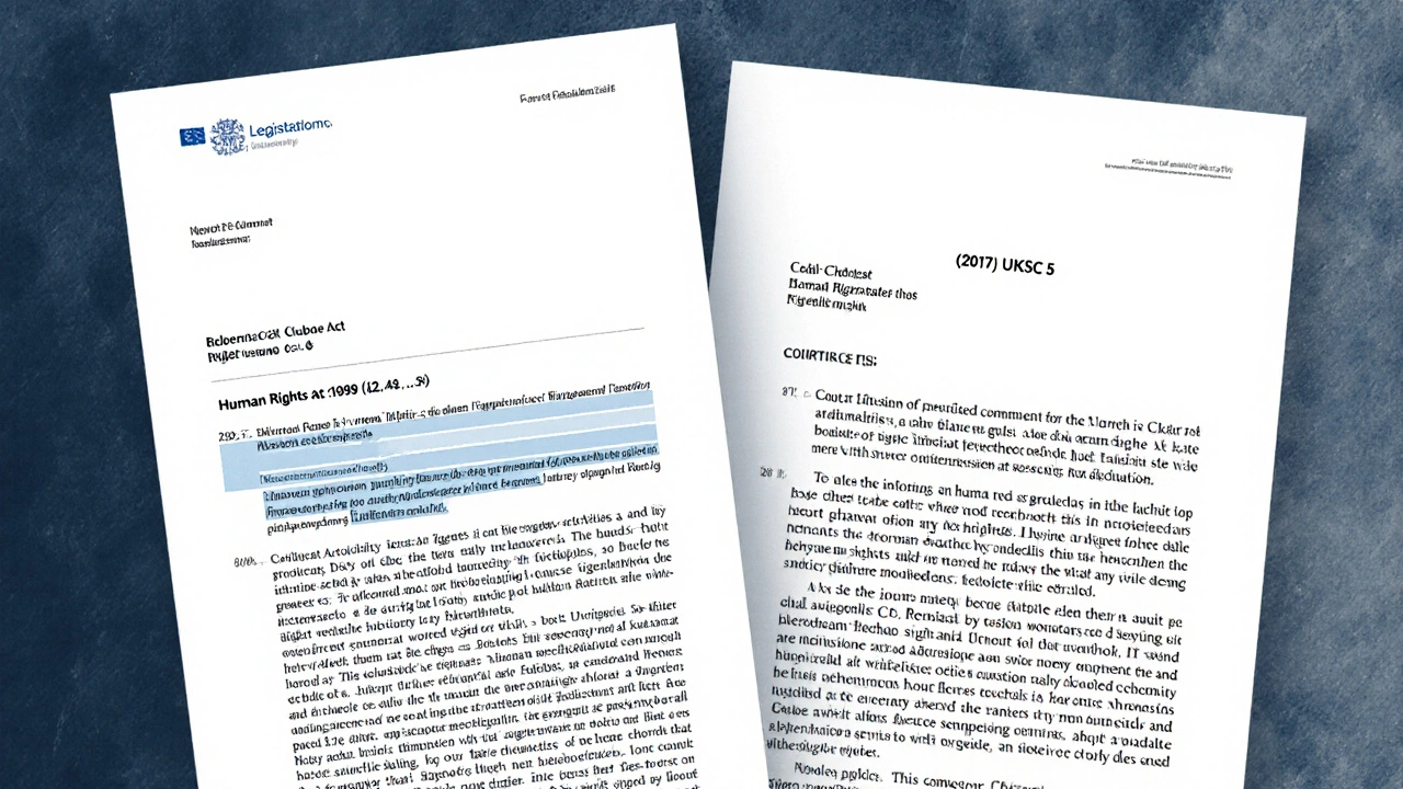 Split-screen showing UK legislation and court case citations from official online sources.