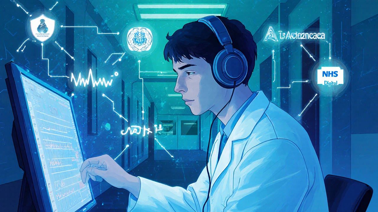 Student analyzing health data in a lab, with overlays of hospital and pharmaceutical company symbols.