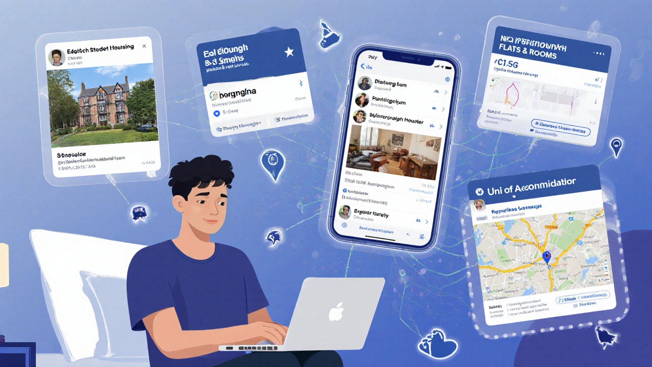 Student at laptop surrounded by floating Facebook housing group icons and property photos in a dorm room.