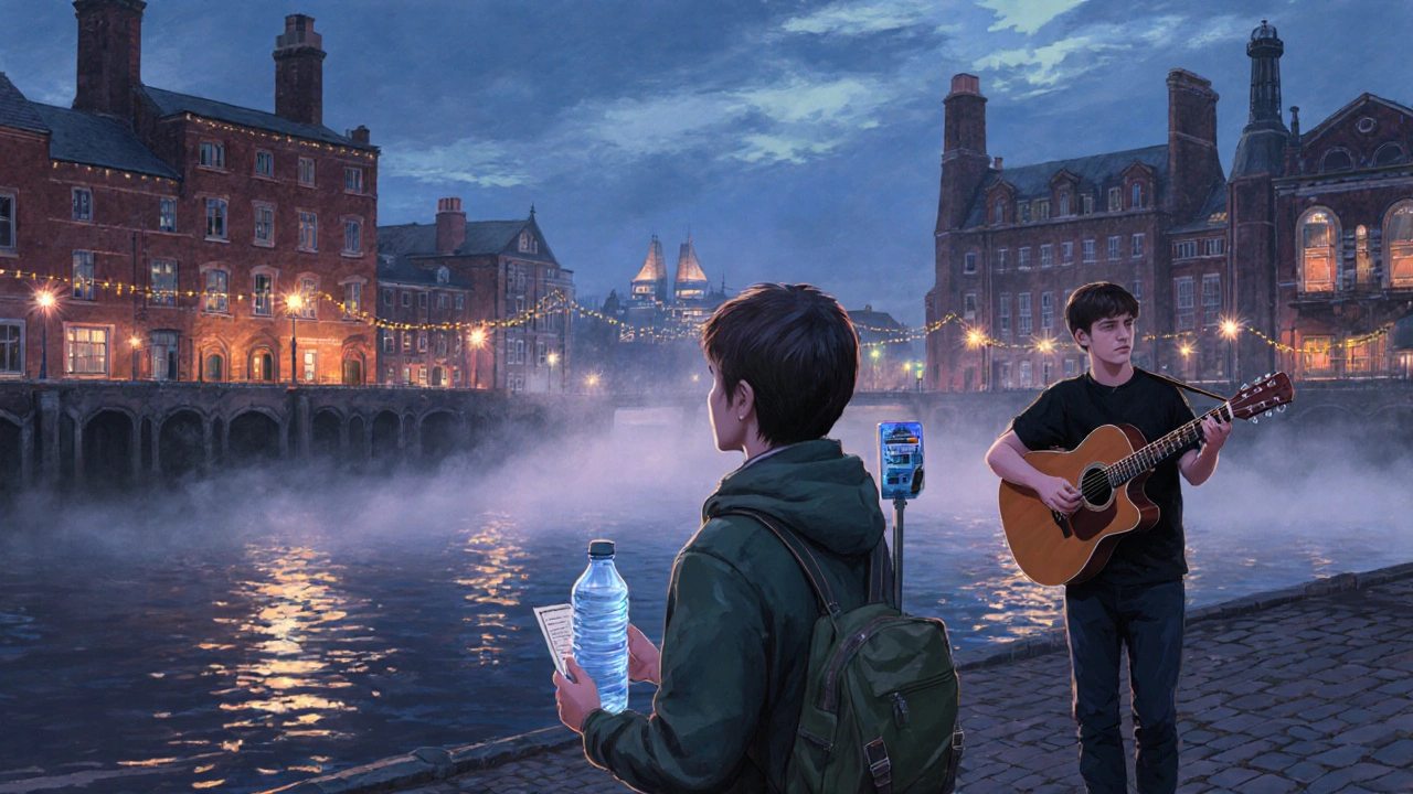 Student listening to a street musician at Liverpool&#039;s Royal Albert Dock at dusk with historic warehouses nearby.