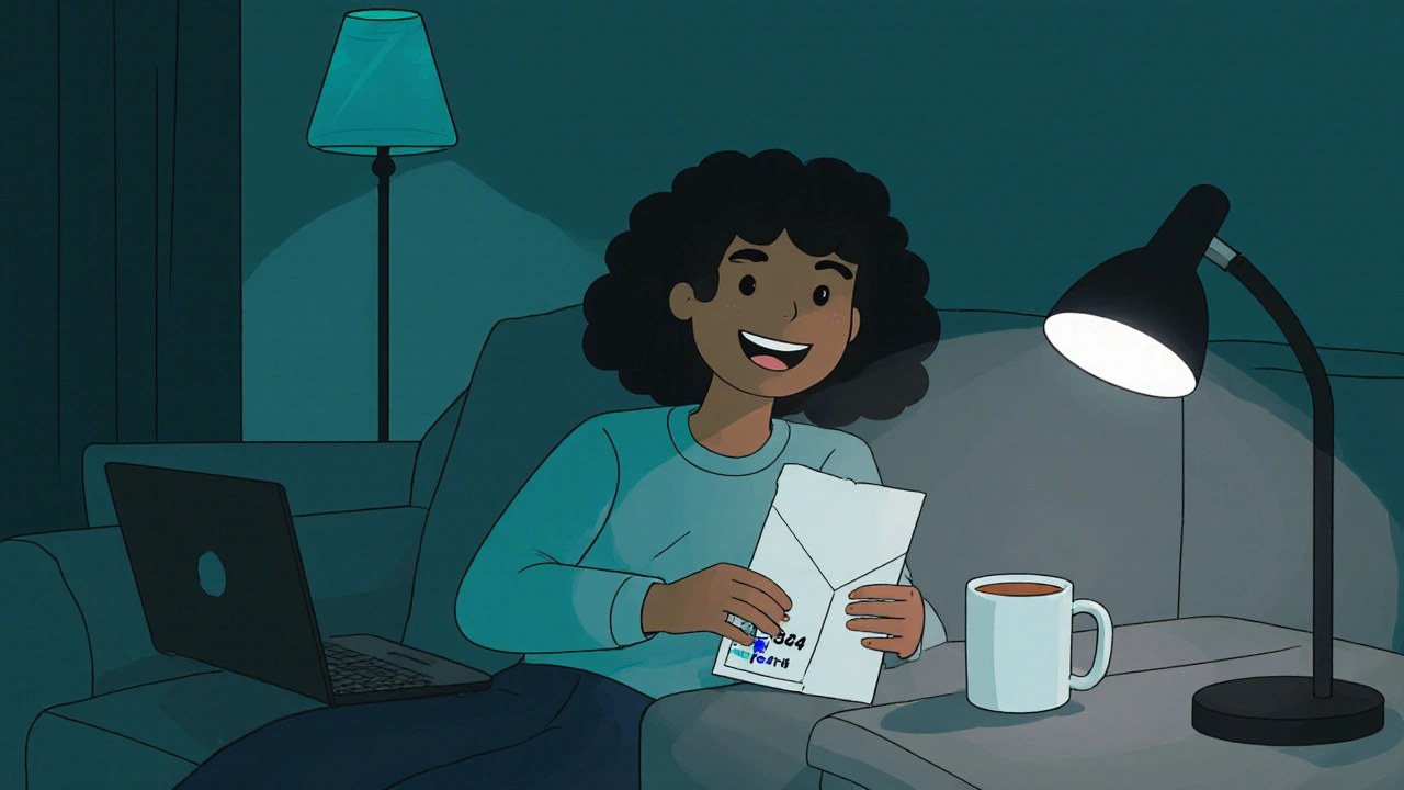 Student mailing a home STI test kit from SH:24 at night with a lamp on