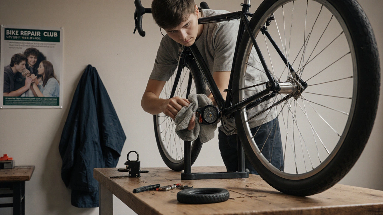Student maintaining bike chain and tire pressure at campus repair station with tools and spare tube nearby.