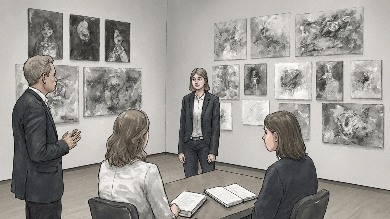 Student presenting artwork to a panel of artists during a portfolio review in a gallery setting.