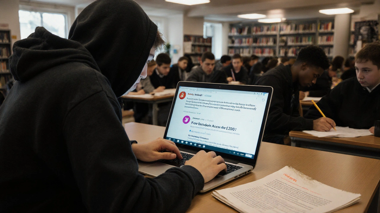Student reading a blog guide on Reddit in a campus library, surrounded by other students.