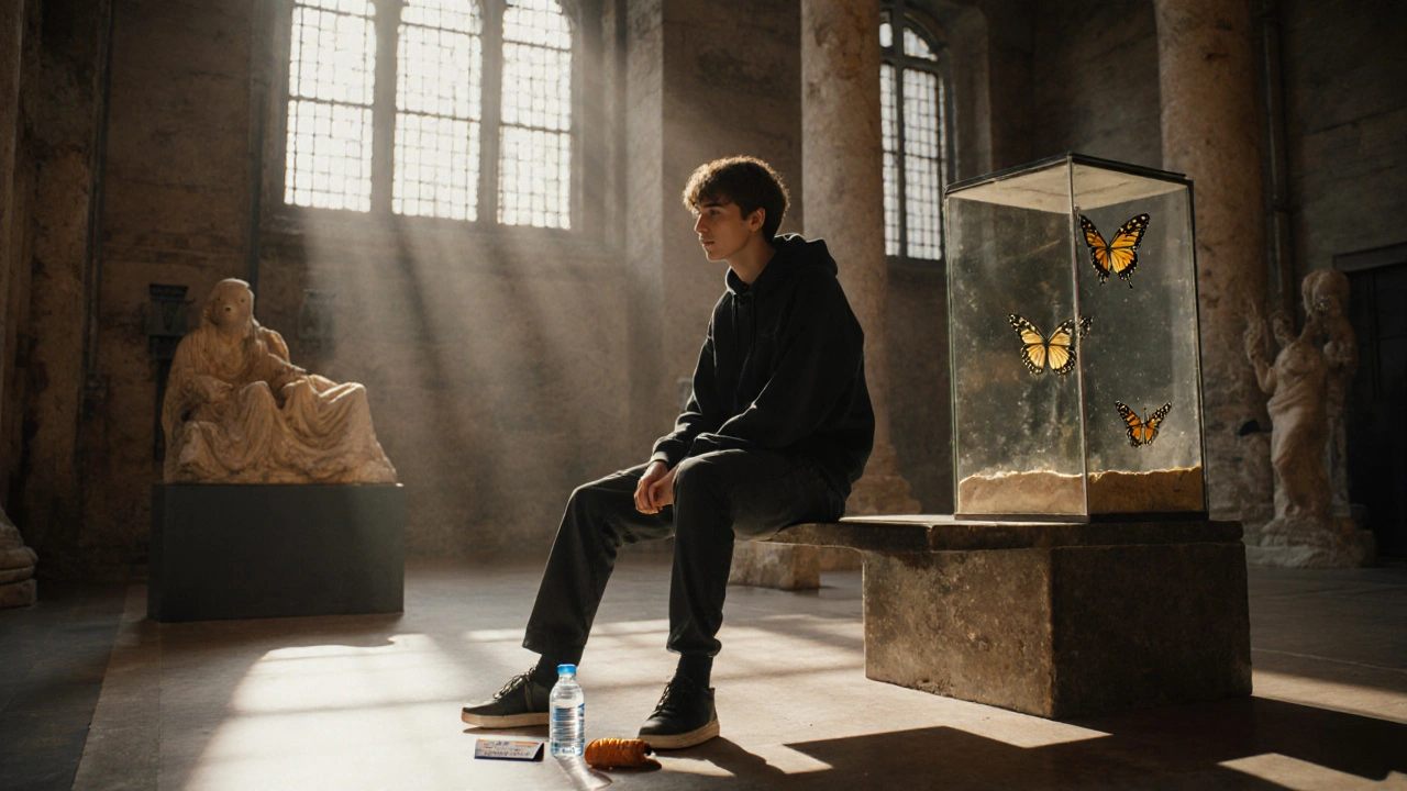 Student relaxing in Leeds City Museum&#039;s Roman gallery with butterflies and artifacts in soft daylight.