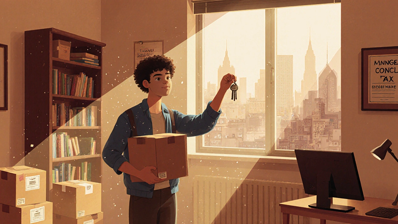 Student unpacking in a private one-bedroom flat with council tax exemption notice.