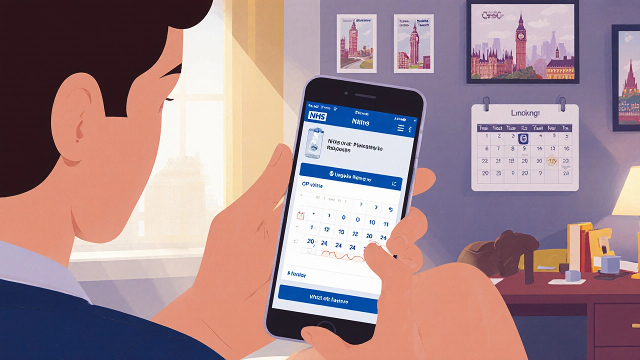 Student using the NHS app on a phone in a dorm room with medical reminders visible.