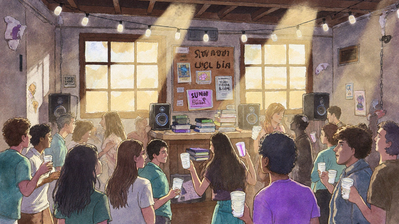 Students dancing at a student union club night in a campus hall under string lights and projectors.