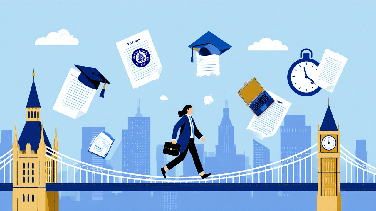 Symbolic bridge of documents connecting university to city skyline, representing post-study work opportunity.