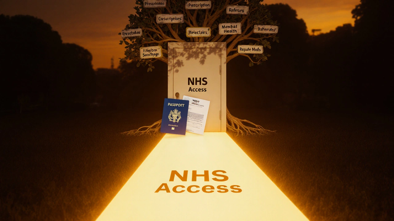 Symbolic pathway showing NHS access from registration to healthcare services.