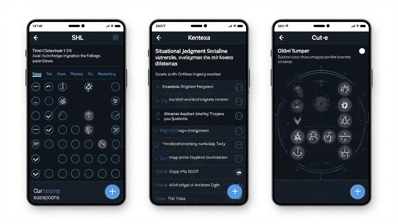 Three different psychometric test interfaces: SHL, Kenexa, and Cut-e, displayed side by side.