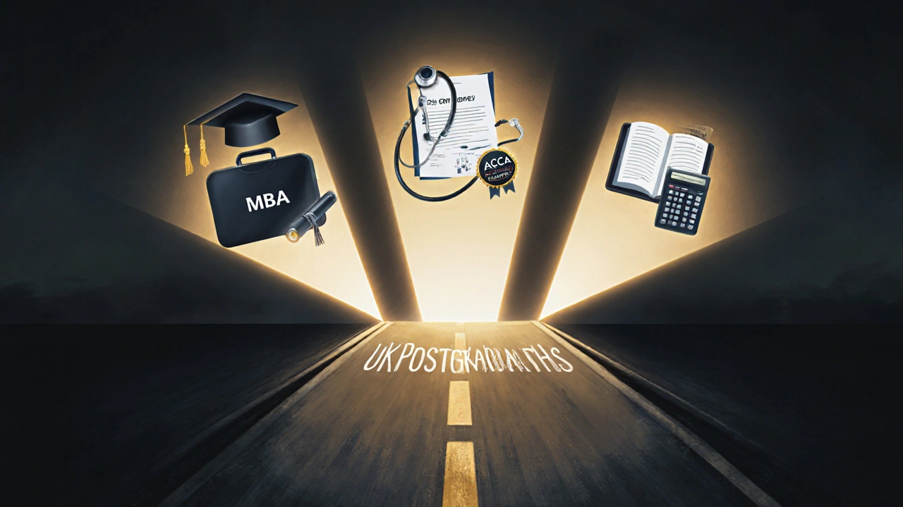 Three professional pathways marked by degrees and certifications glowing on a road.