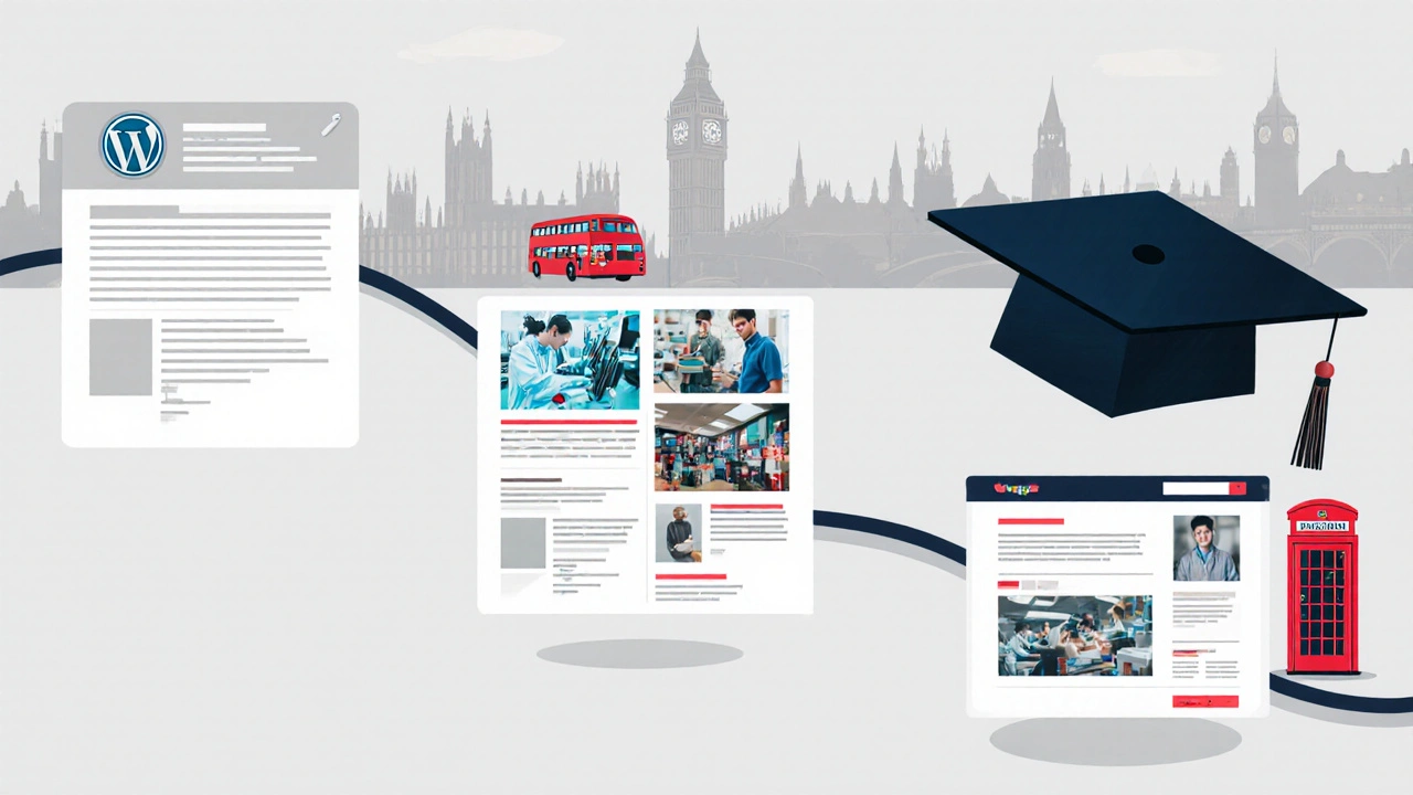 Timeline of a student&#039;s WordPress blog evolving from blank page to portfolio with academic photos.