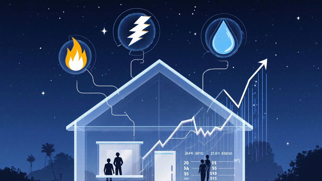 Transparent house with floating icons for gas, electricity, and water usage