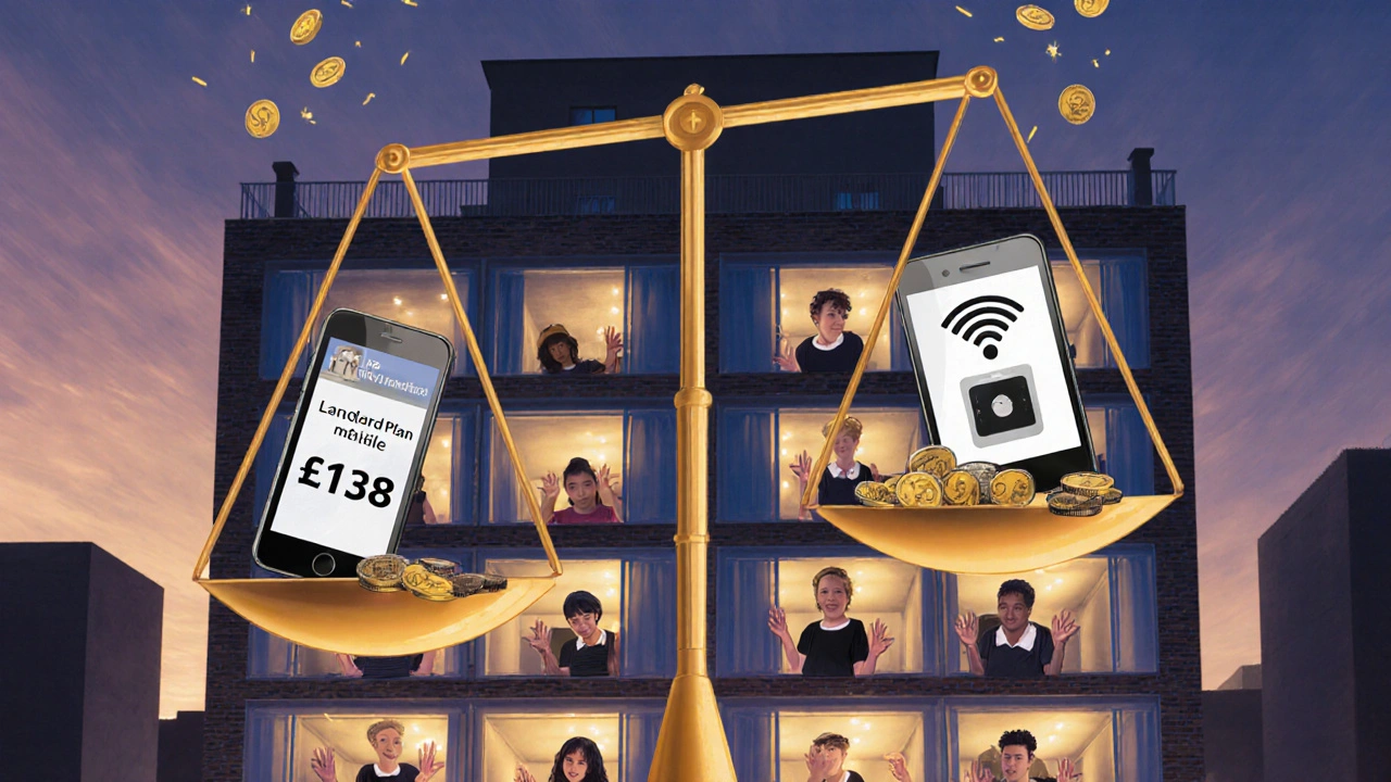 Transparent student building showing individuals with mobile plans and Wi-Fi icons, balanced against a heavy old bill, with coins falling from savings.