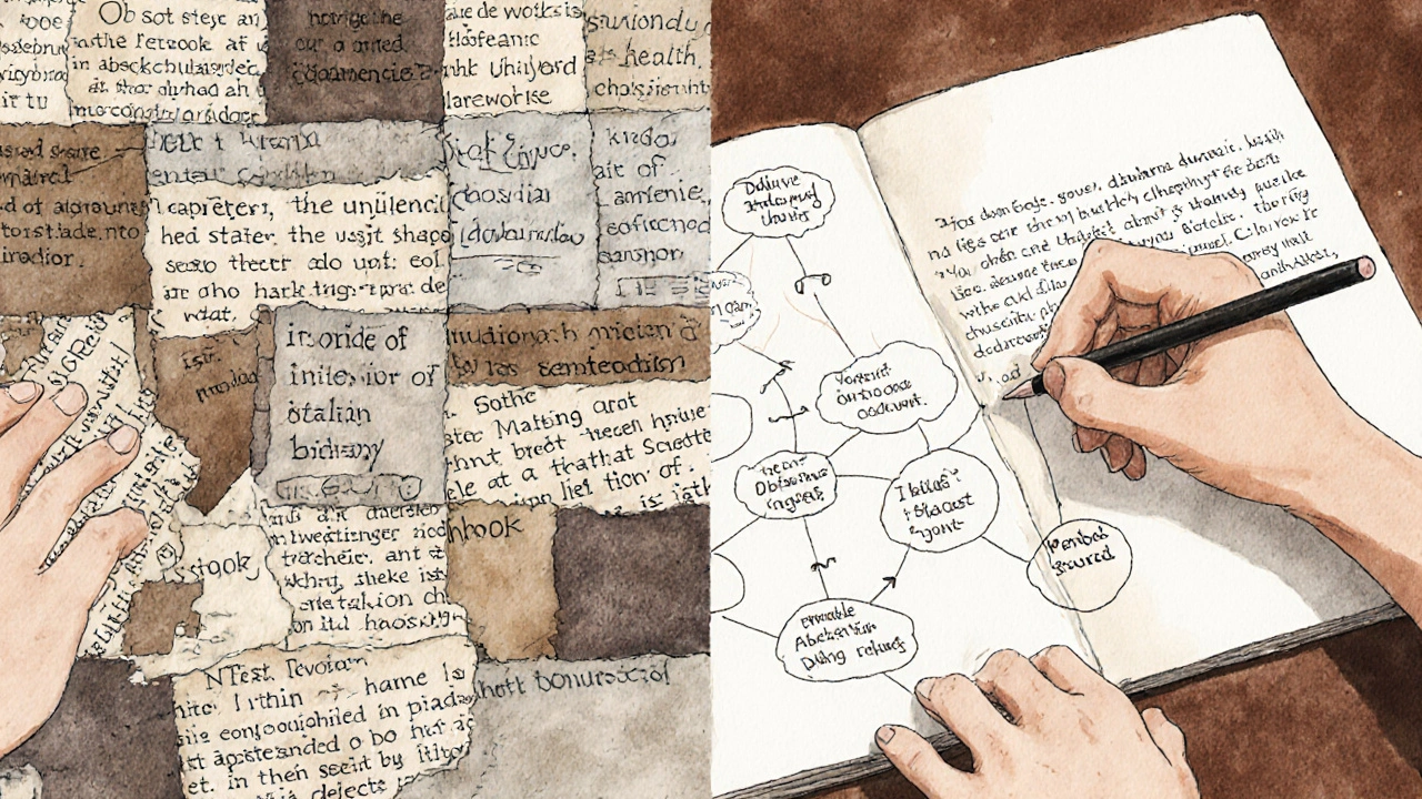 Two hands: one stitching fragmented text into a patchwork, the other writing original ideas in a notebook.