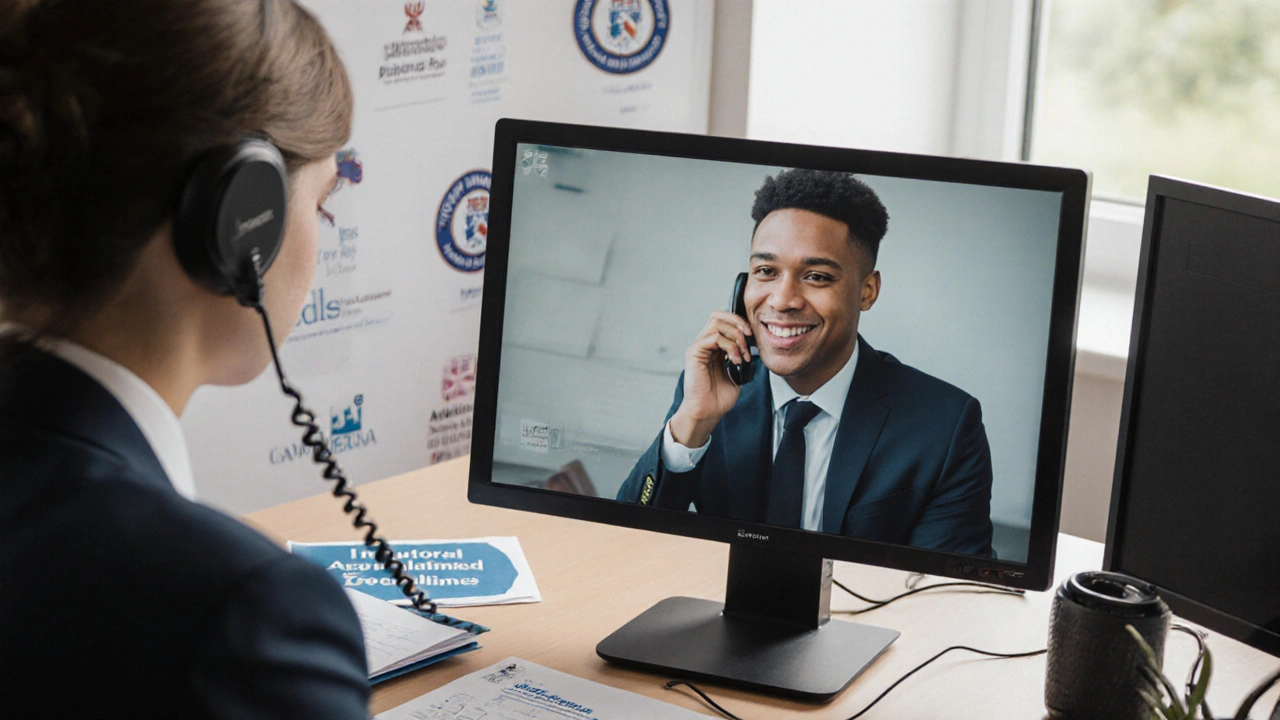 University admissions officer speaking on phone with international student on video call.
