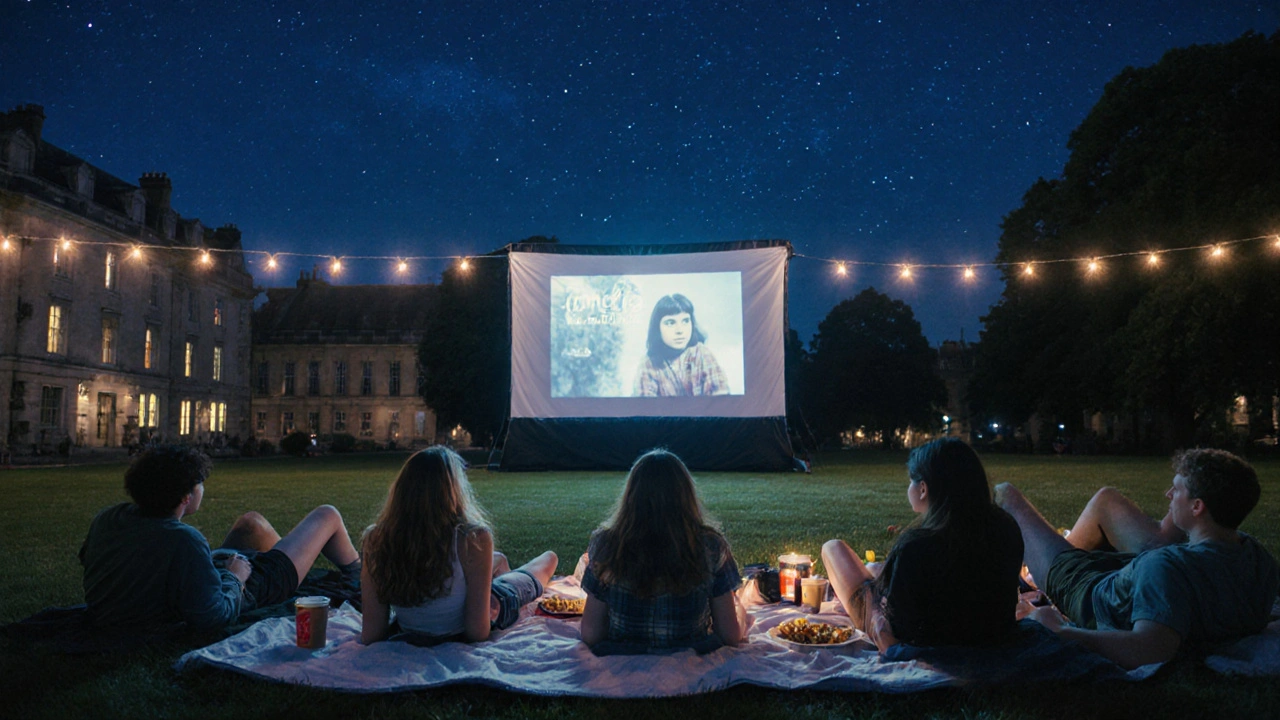 University students watching a movie under the stars on blankets in a campus quad.