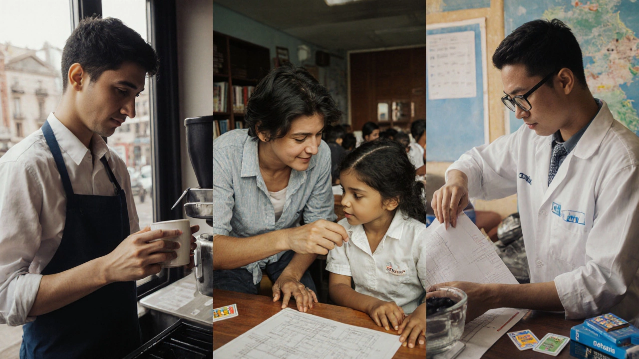 Young people working abroad in a café, school, and hospital, connecting their gap year to future studies.