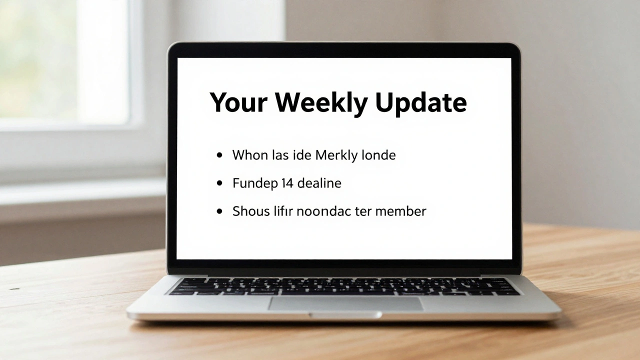 A clean university society newsletter with three key updates displayed on a laptop screen.