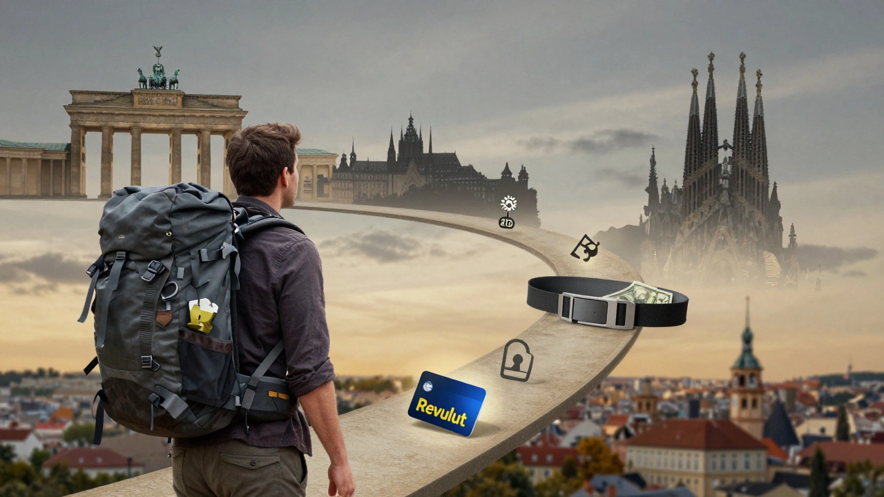 A conceptual map of Europe showing backpacking landmarks with safety and budget travel symbols along the route.