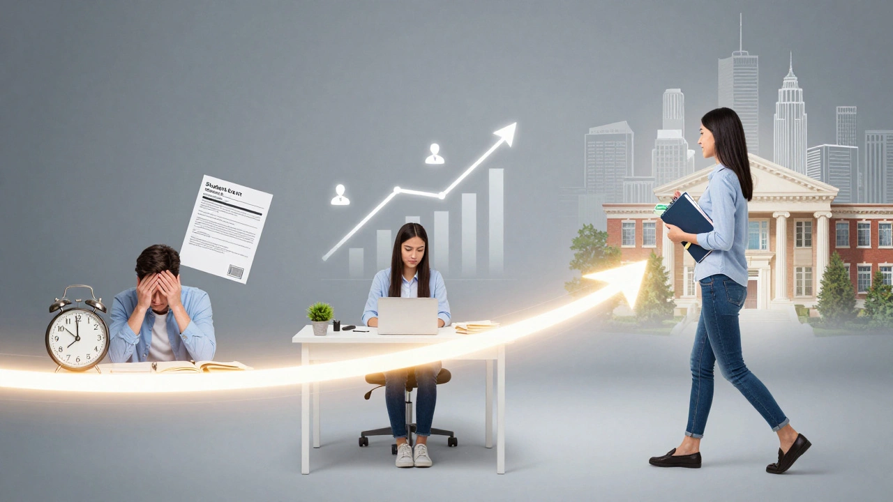 A conceptual visual showing a student's transition from stress to financial independence through freelancing.