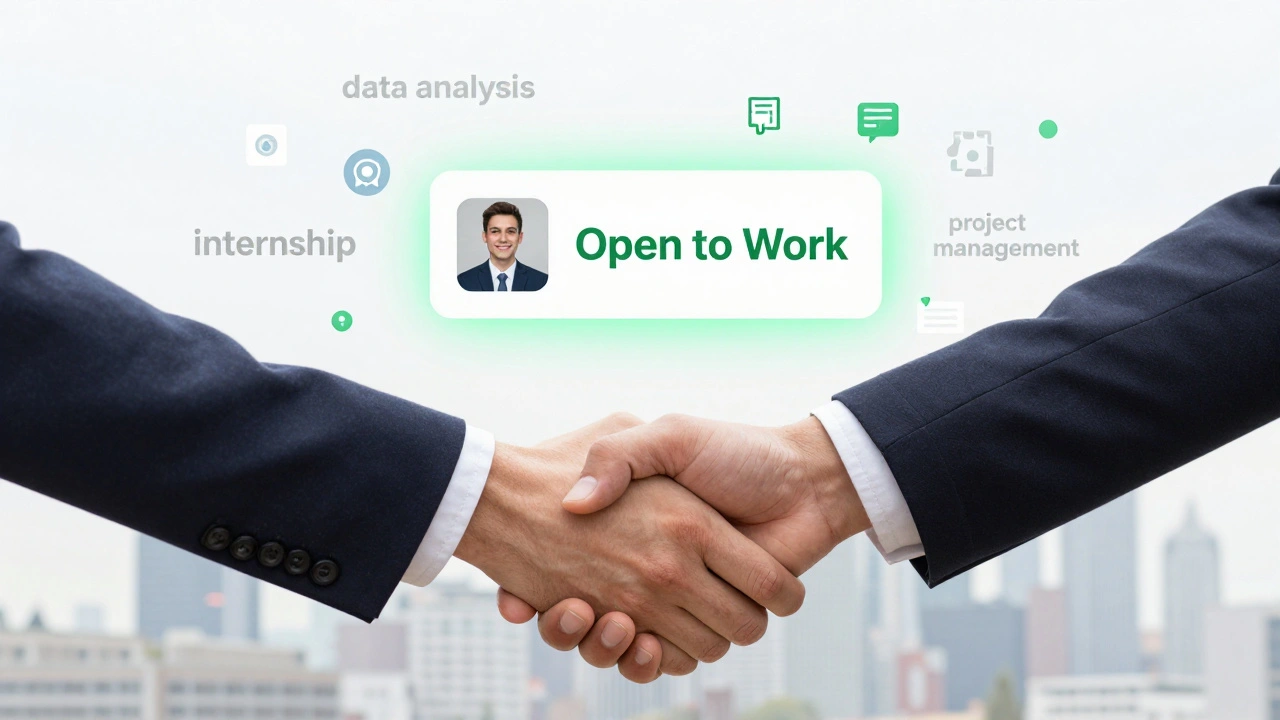 A digital handshake composed of LinkedIn profile elements with a 'Open to Work' banner.