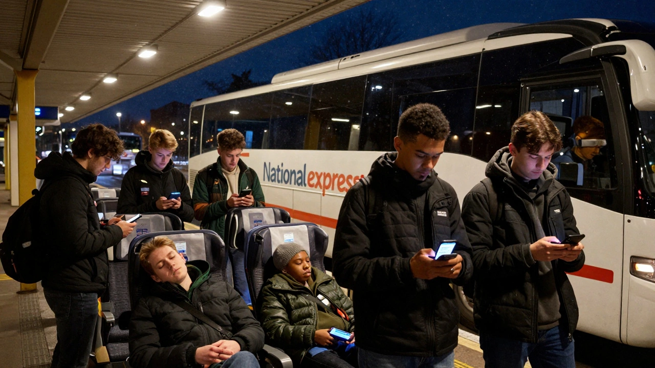 A group of students boarding a night coach at a UK station, digital Coachcards glowing on their phones under soft station lights.