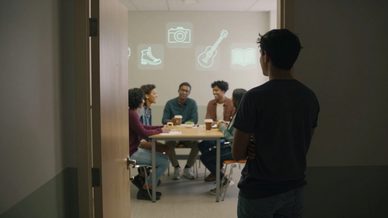 A hesitant student at the doorway of a society meeting, with floating icons of interests behind them
