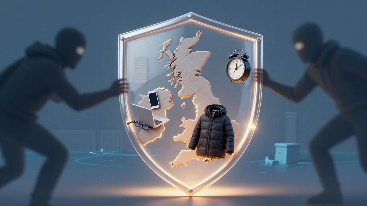A protective shield shaped like the UK guarding a student's essential belongings.