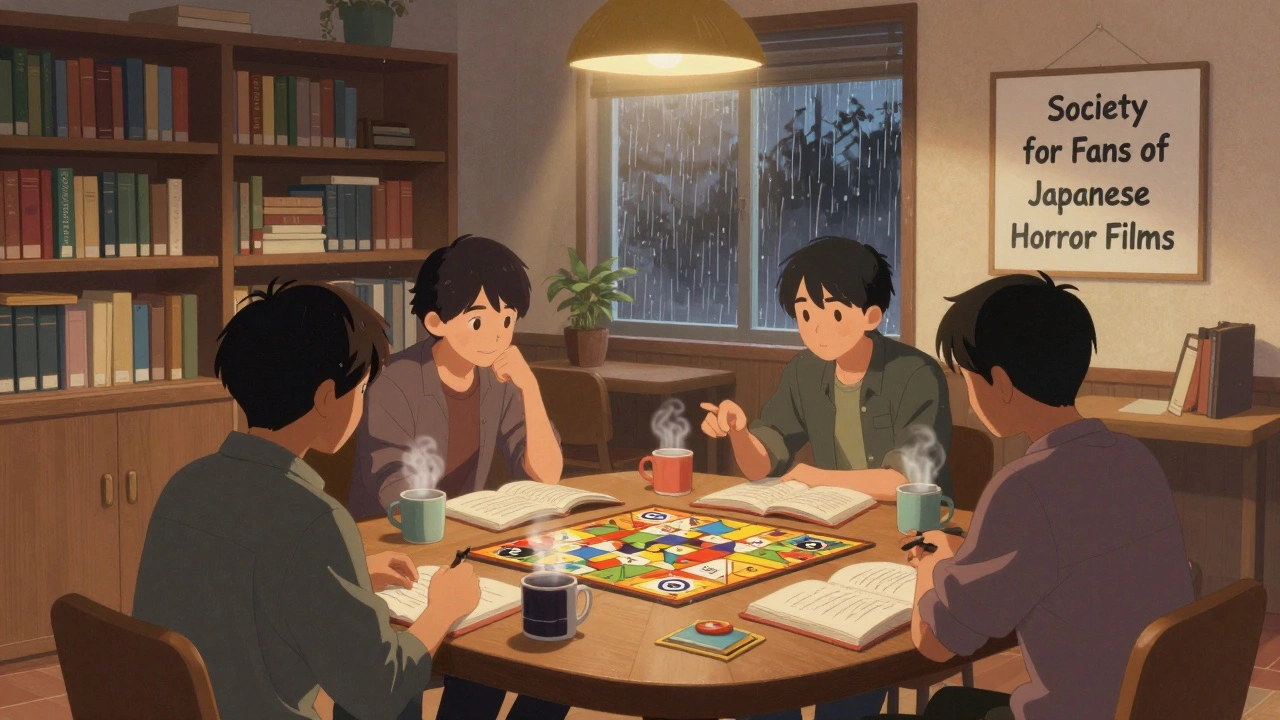 A small group of students enjoying a quiet board game night in a campus room