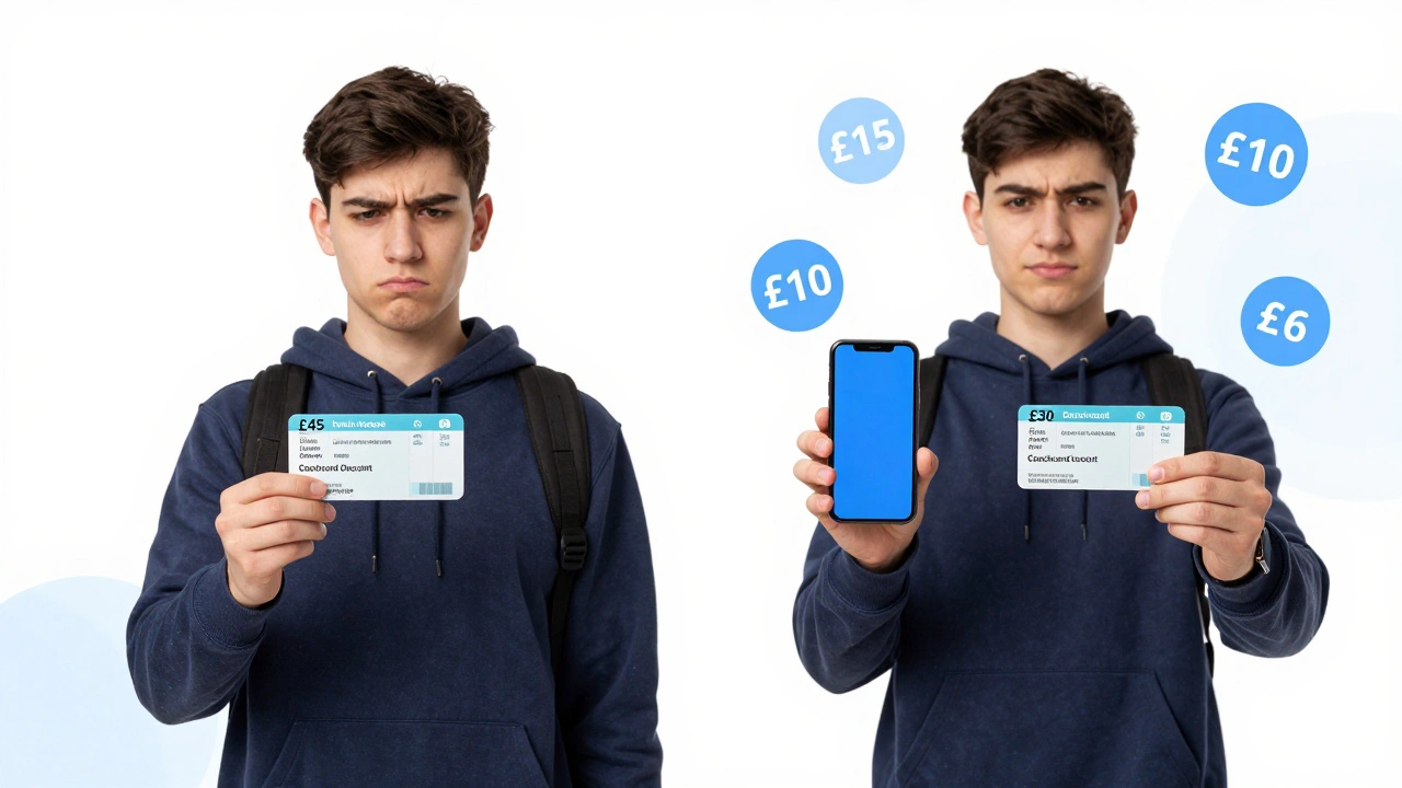 A student comparing a full-price bus ticket to a discounted one with Coachcard savings, surrounded by visual savings icons.