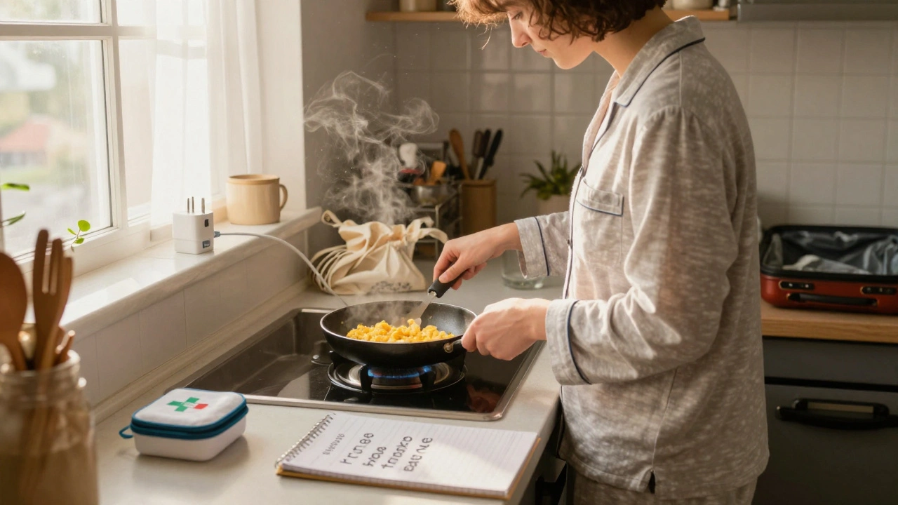 A student cooks eggs in their kitchen at dawn, surrounded by essentials like a notepad, adapter, and reusable bag.